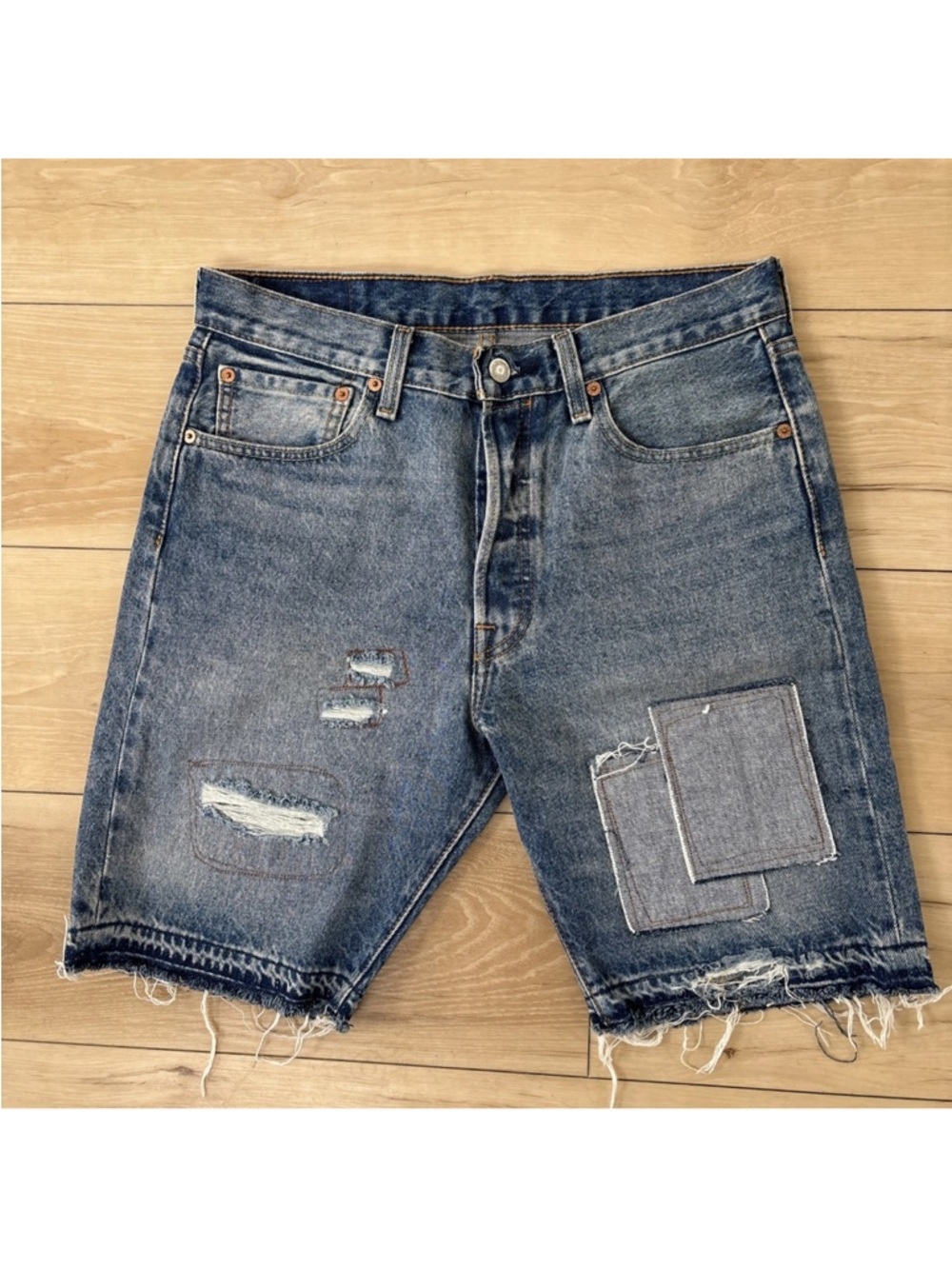 Levis mens 501 shorts Patchwork ripped retro blue distressed 90s sz 32